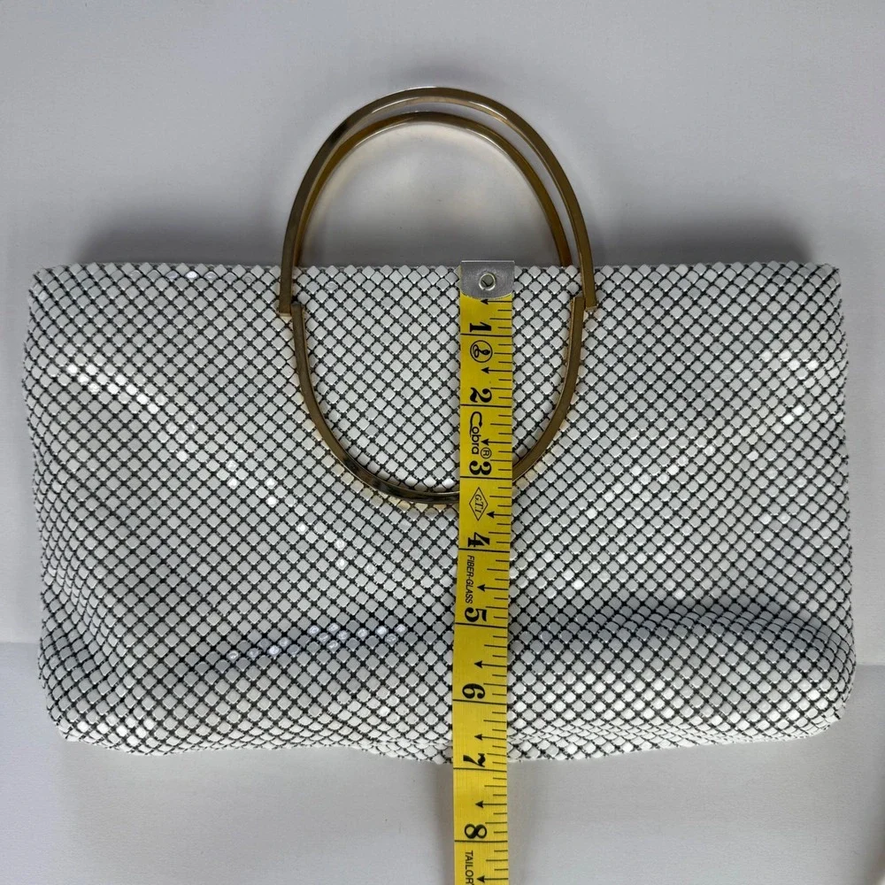 Vintage White Enameled Metal Mesh Evening Bag Gold Ring Handle Clutch Formal